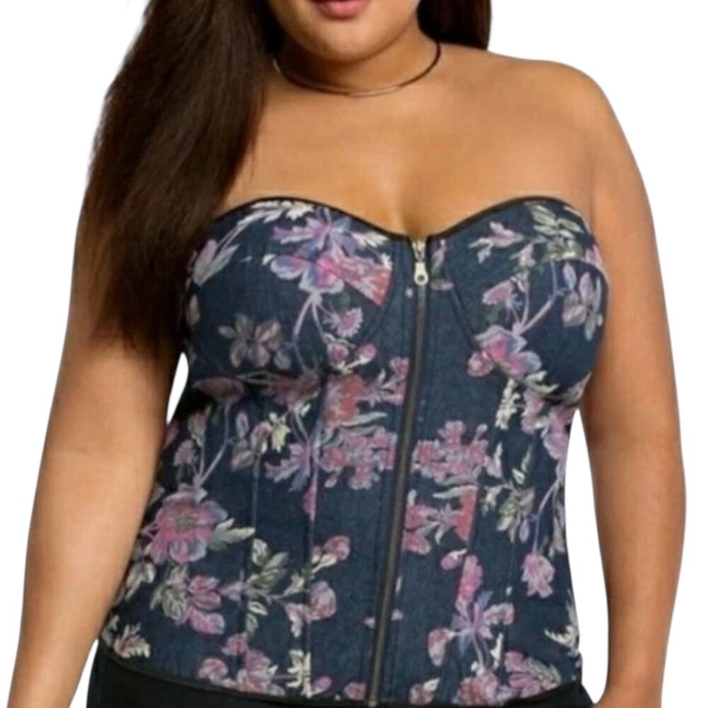 Torrid Denim Floral Corset Top Zip Front Lace Up Back Bustier Plus Size 1X